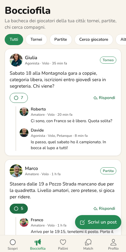 La bacheca Bocciofila di Boccino con i post dei giocatori: tornei, partite e chi cerca compagni